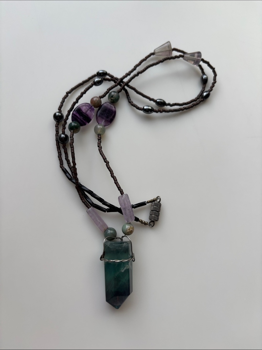 Handcrafted Green Fluorite Pendant Necklace with Purple Accents